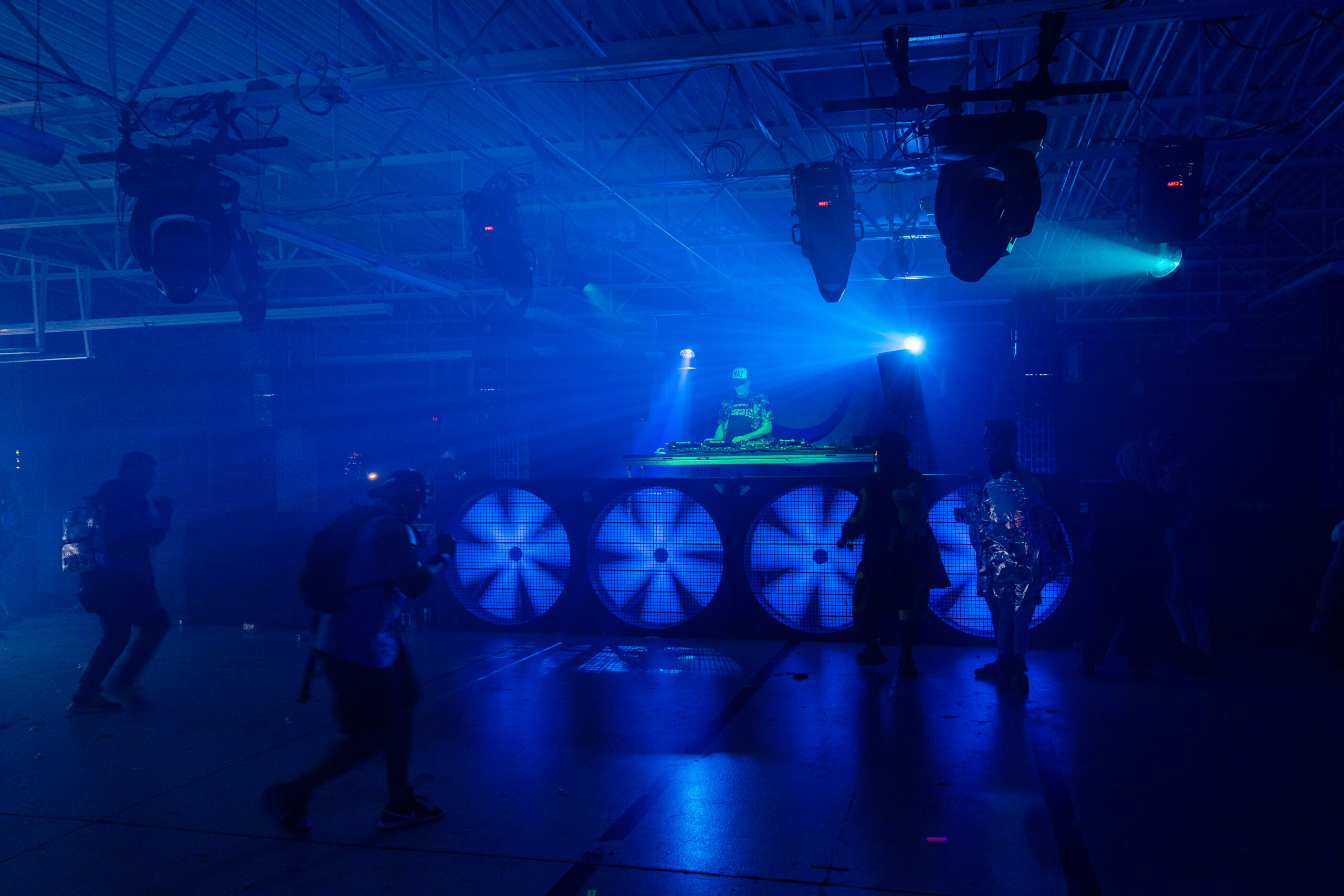 large sound system set up inside warehouse at las vegas edm festival