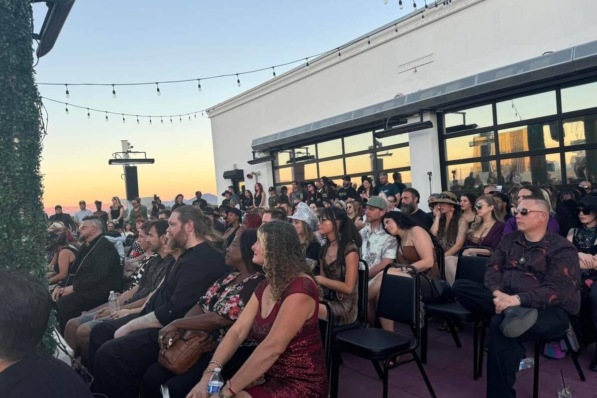 Outdoor rooftop event venue in Las Vegas with seated guests at sunset