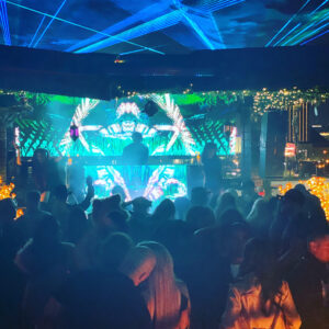 LED wall DJ booth rental in Las Vegas with live visuals and packed dance floor
