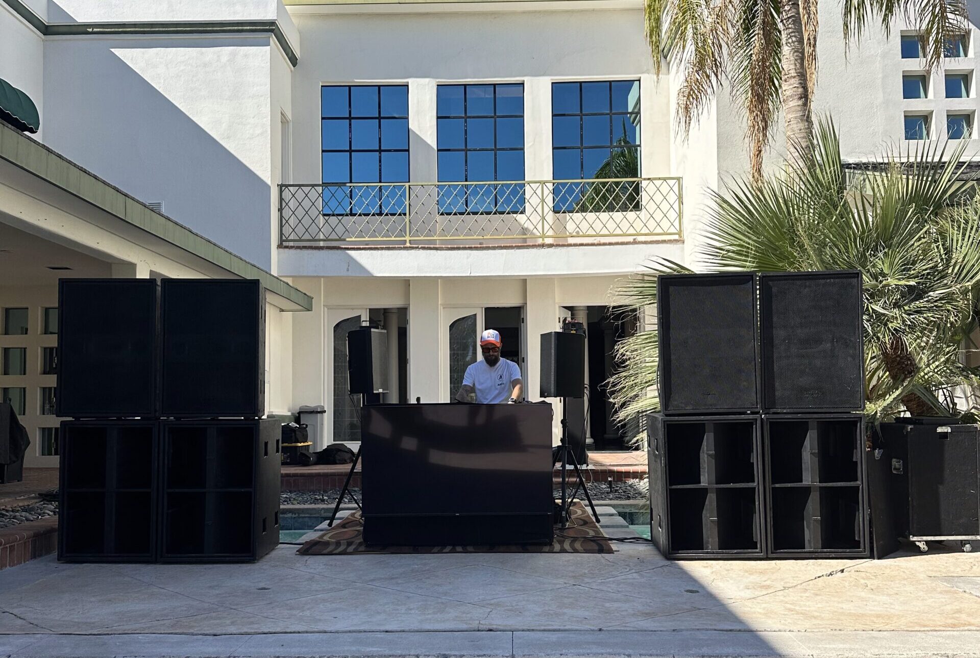 Large outdoor DJ speaker system setup for a private event in Las Vegas