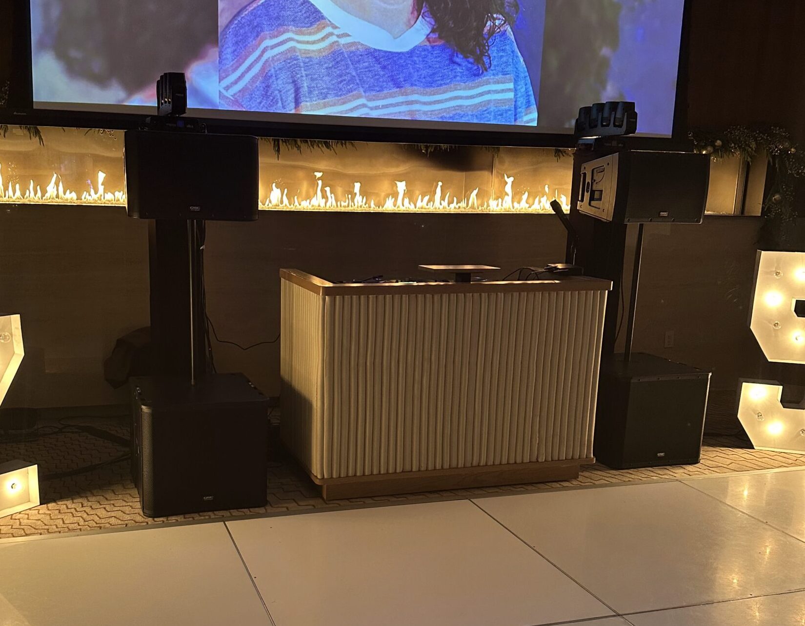 DJ speaker and subwoofer setup for indoor event sound system