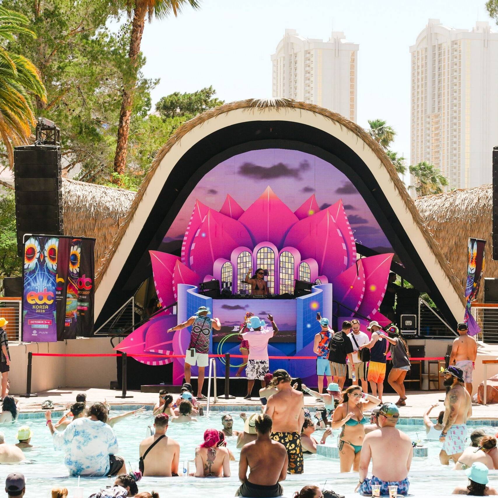 Lotus themed stage near the pool for a Las vegas edm event