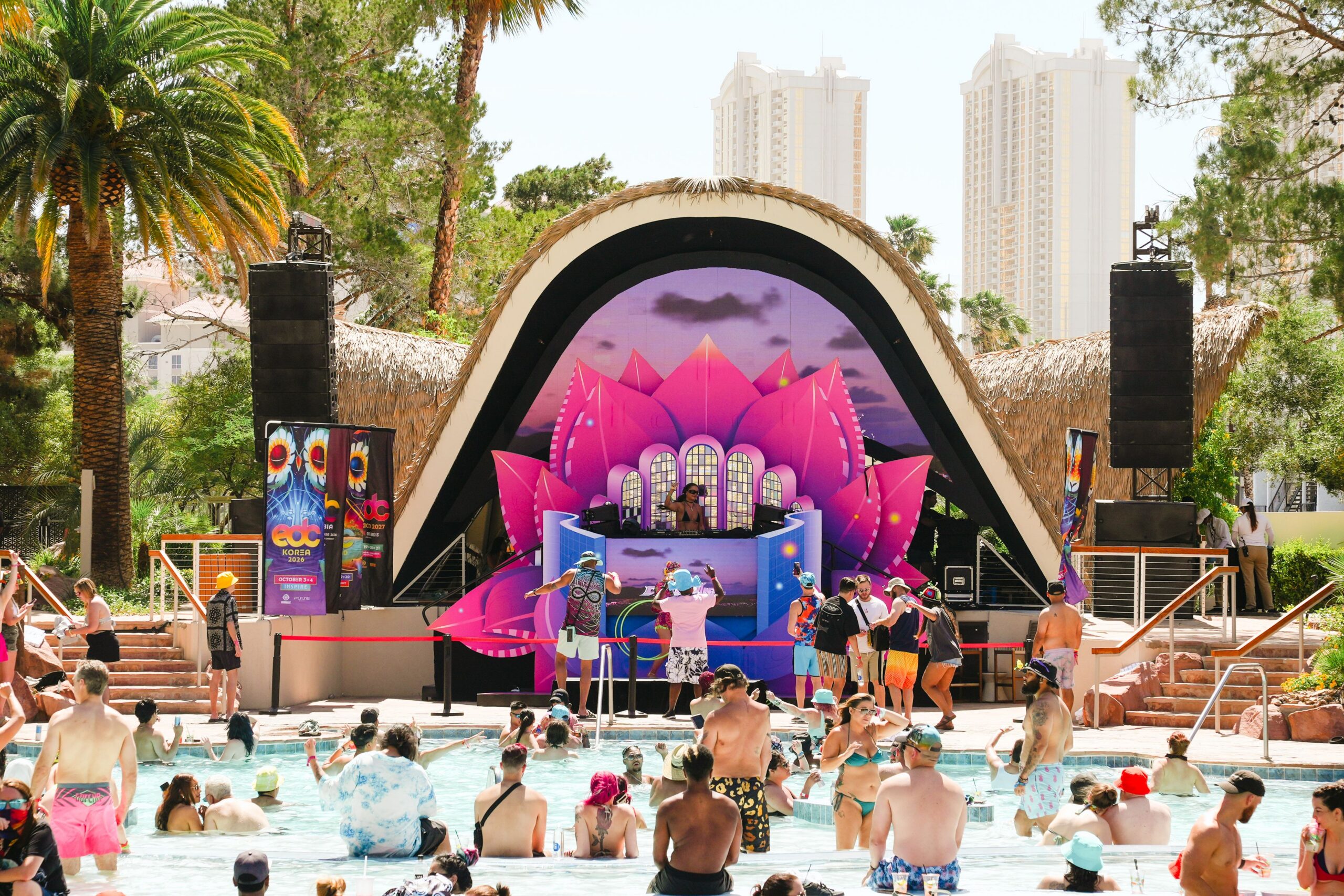 Lotus themed stage near the pool for a Las vegas edm event