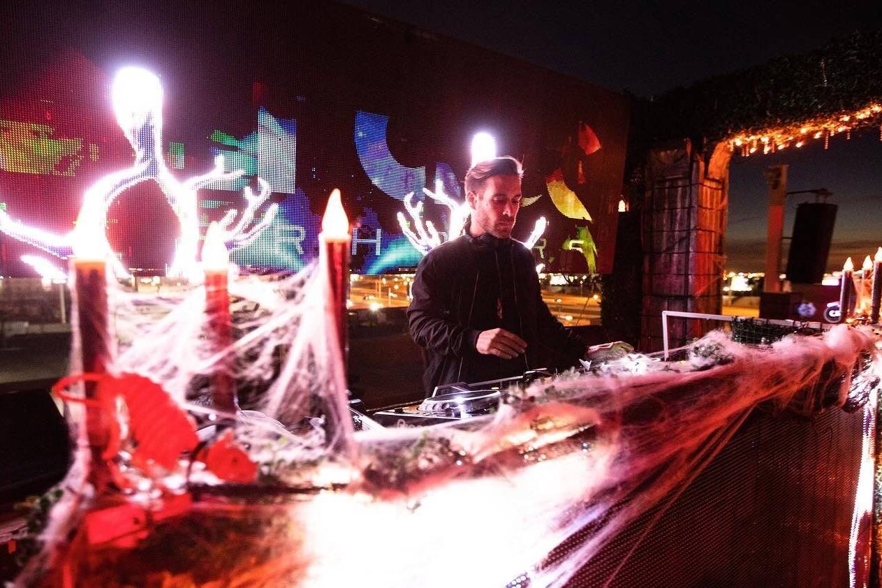 DJ booth decorated with halloween items