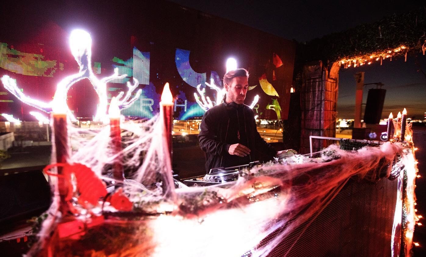 DJ booth decorated with halloween items